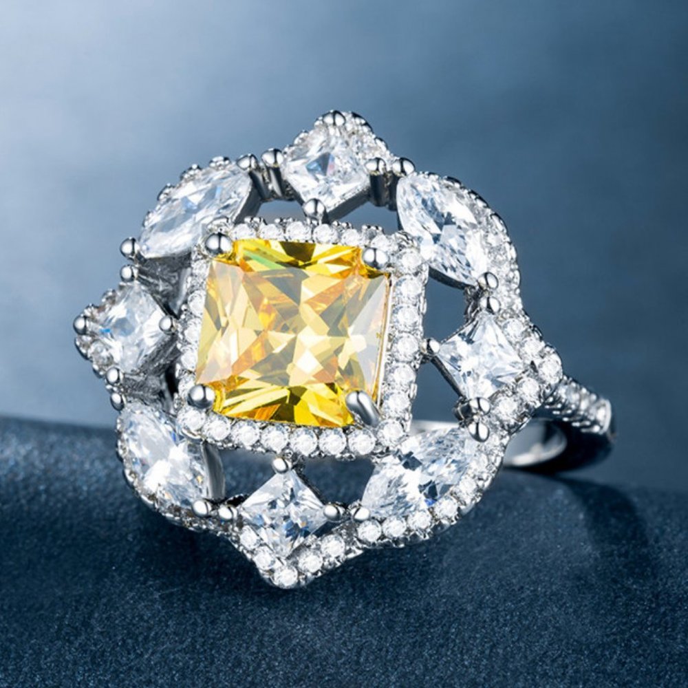 NEW Silver Cushion Citrine Diamond Halo Ring